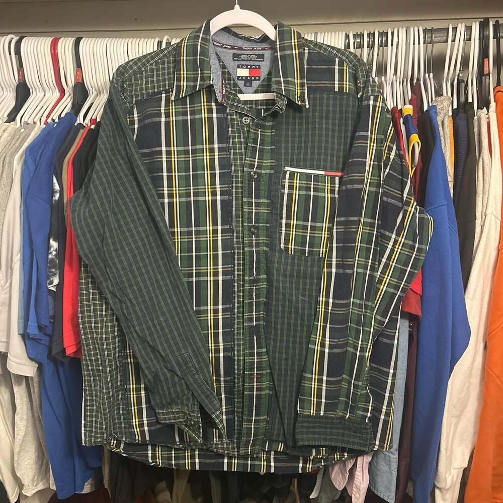 Vintage Tommy Jeans Multi-Plaid Patchwork Button Down Shirt, Size L
